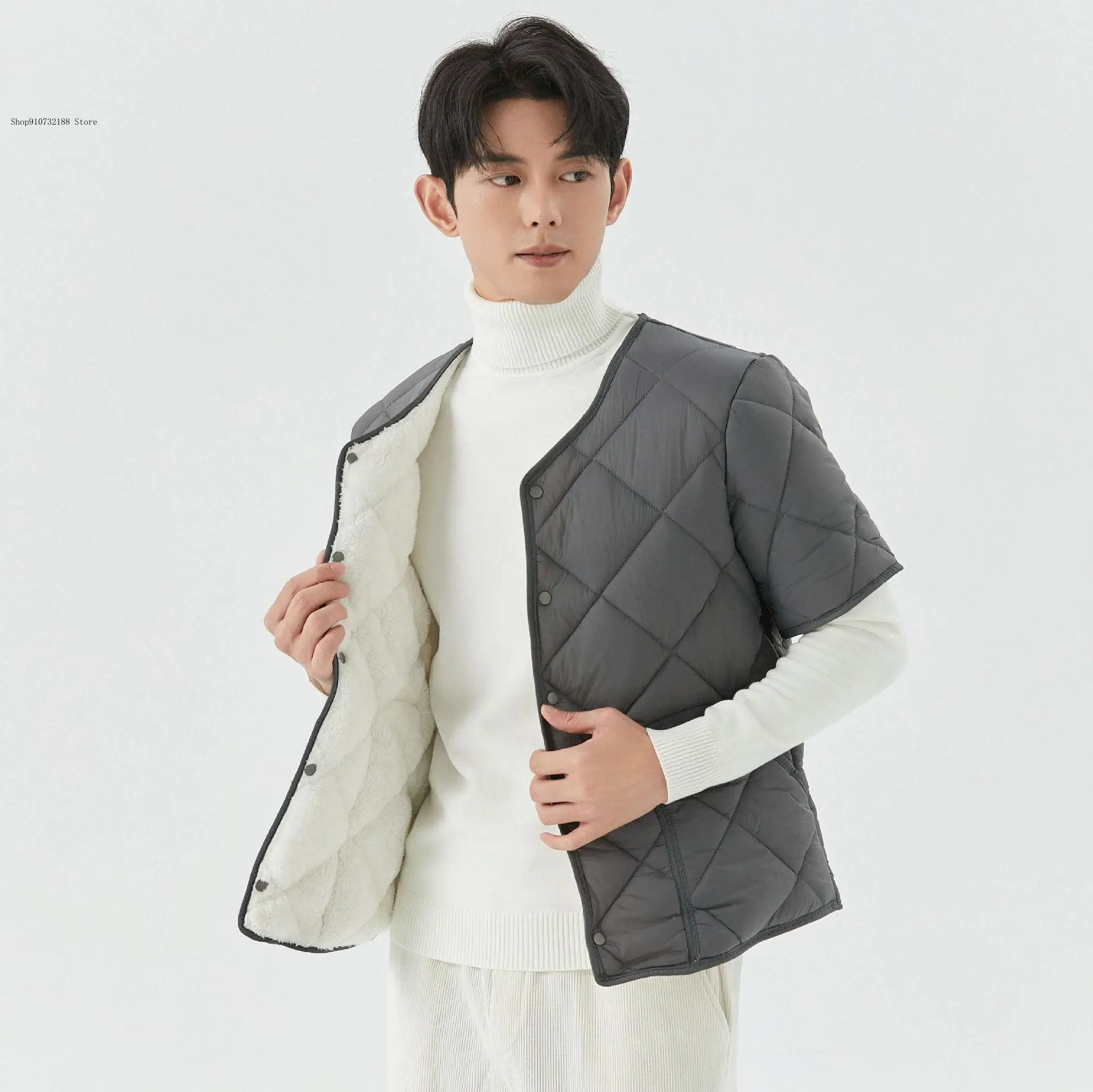 Spring and Autumn Winter Casual Commuting Pure Color Short Sleeve with Velvet Warm Home Cotton Jacket Coat for Men
