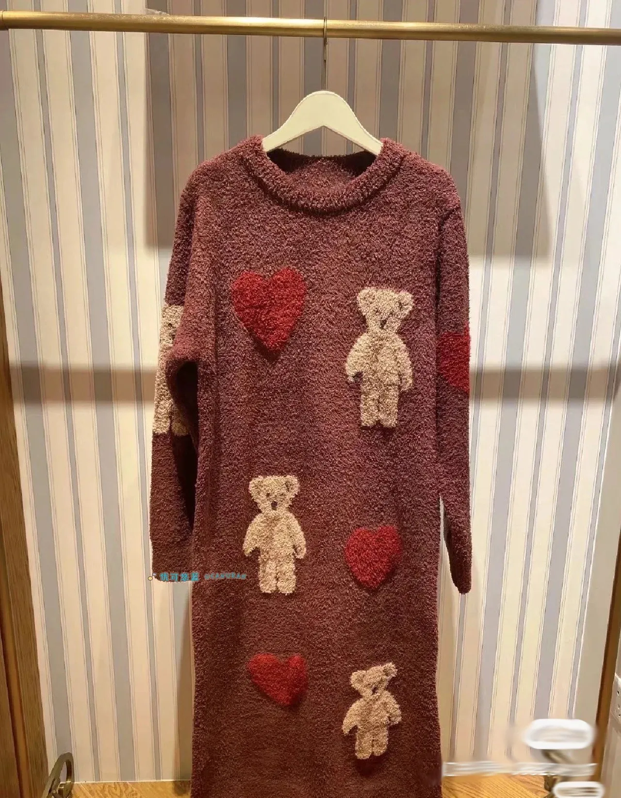 Japan Style Original New Year Bear With Heart Winter And Spring Thick Pajamas Knitted Sweaters Gown Wine  Sleepwear  Loungewear