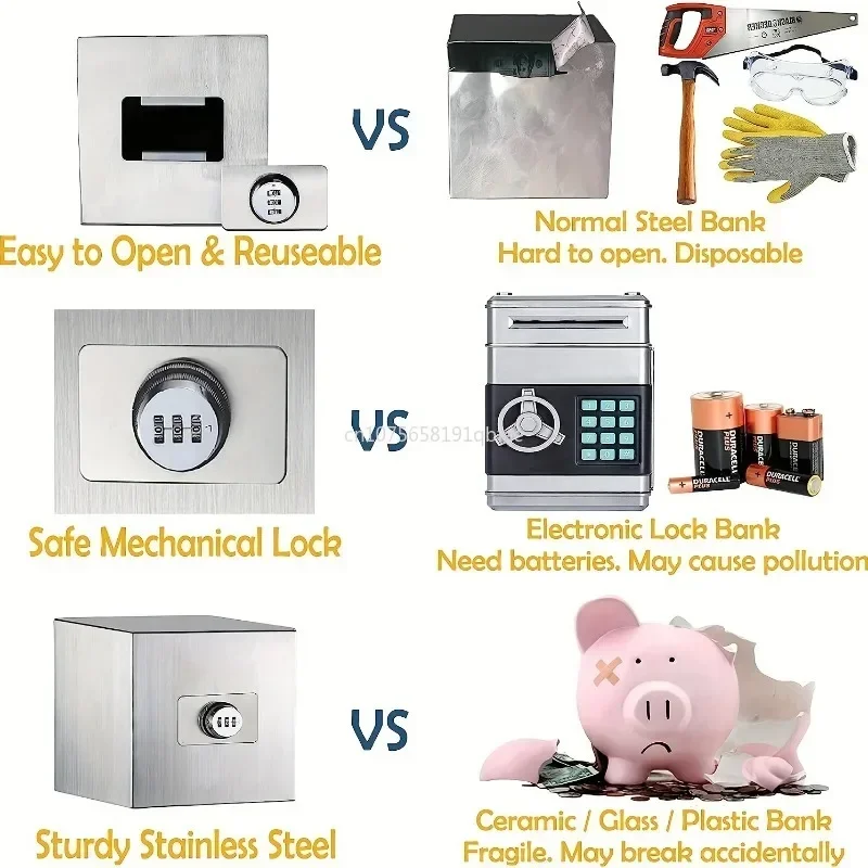 Combinação Lock Stainless Steel Piggy Bank, Decoração de casa segura, presente de férias durável, brinquedo infantil, requintado