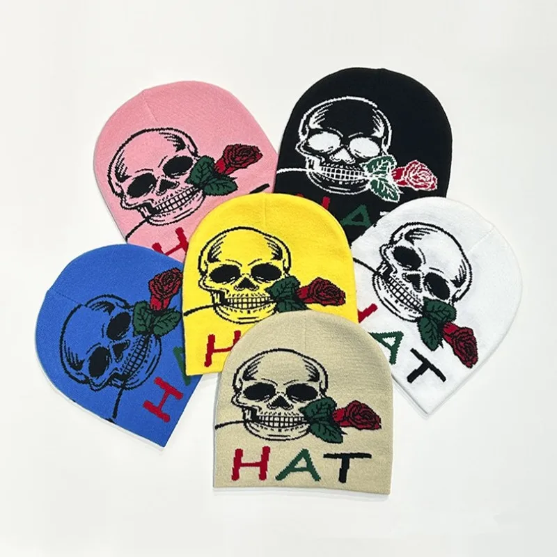 Double-side Jacquard Letter Knit Cold Hat Halloween Creative Skull Holding Rose Wool Cap Autumn Winter Graffiti Dark Series Hat