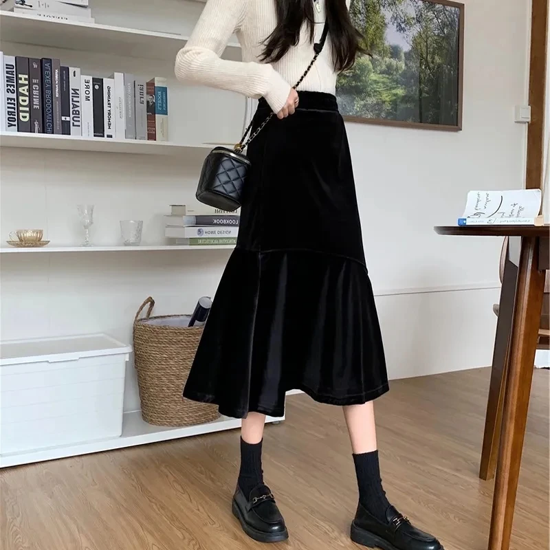 Golden velvet midi Skirt, for Women Clothing,Spring Autumn High Waisted A-line Skirts, Casual umbrella fishtail Skirt,2024 New