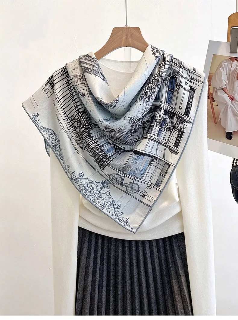 Women's Silk Wool Square Scarf Vintage Architectural Sketch Print Double Sided Neck Bandana Ladies Winter Accessories