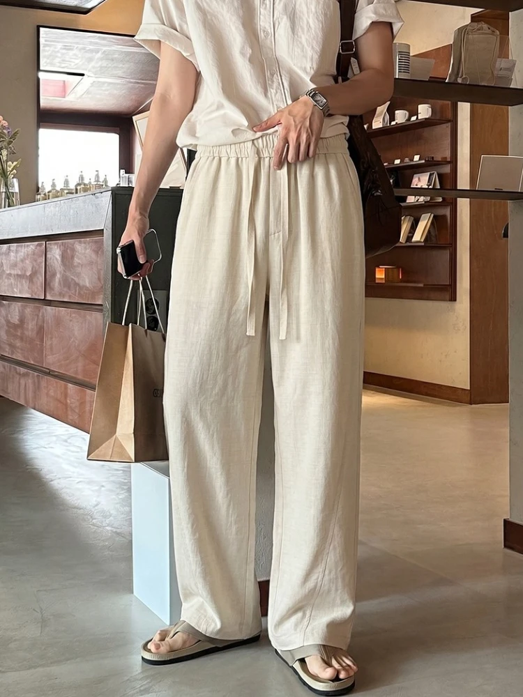 

Men's Faux Linen Long Pants Summer Solid Color Breathable Linen Trousers Male Casual Elastic Waist Casual Pants Harajuku Bottoms