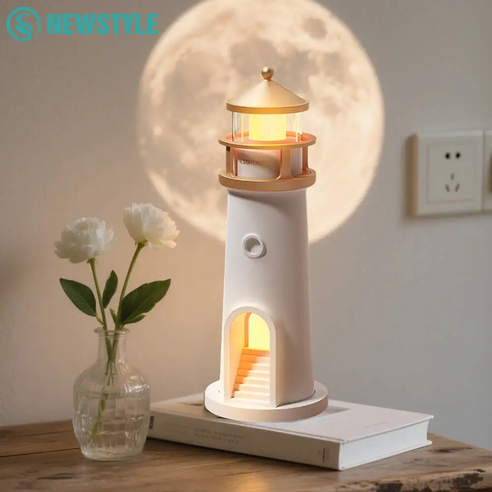 Bluetooth White Lighthouse Noise Music Night Light Dimmable Decorative Sensor Beside Nightlights Moon Projection Desktop Lamp