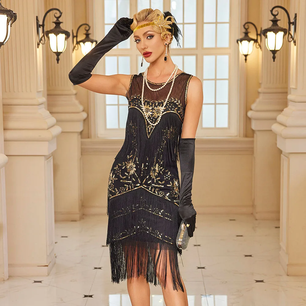 Retro Women 1920s Gatsby Cocktail Sequin Fringe Art Deco Flapper Tassel 20s Party Dress