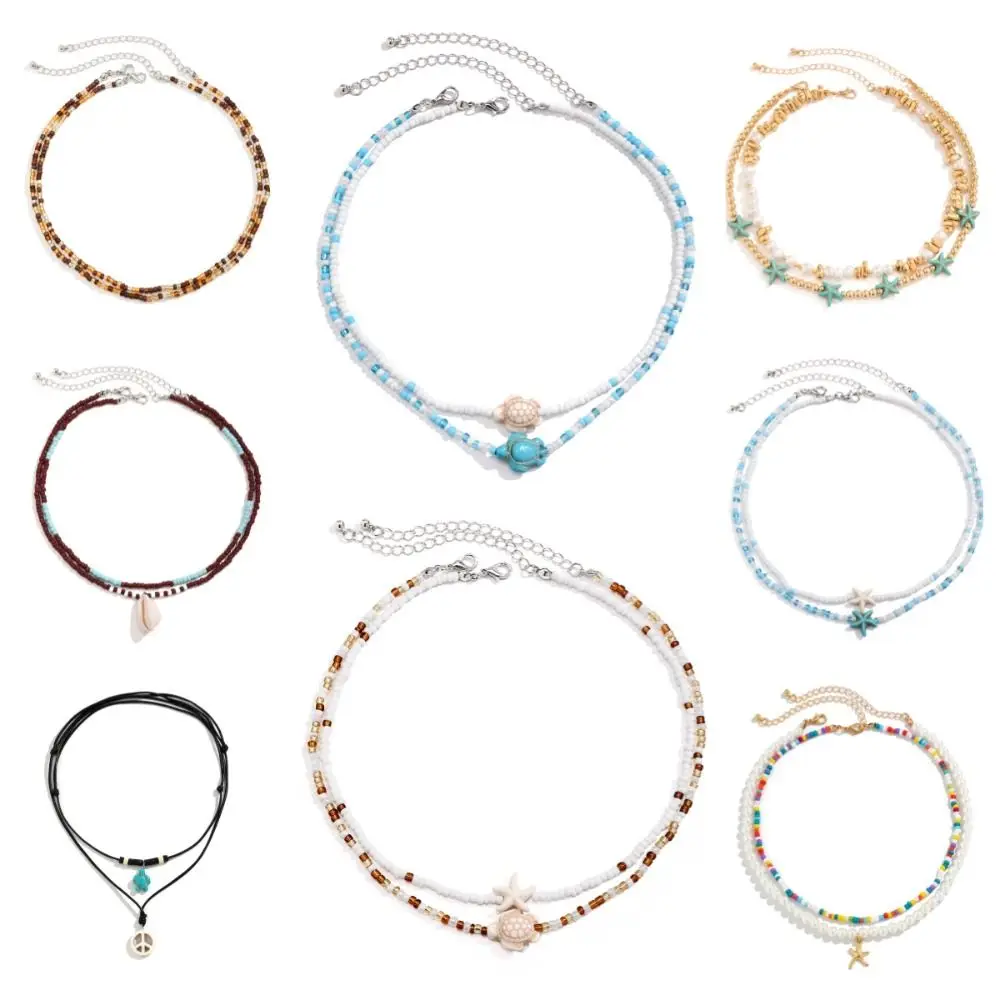 العصرية قذيفة محارة قلادة من الصدف بوهو نمط ثنائي الطبقة بوهيميا الخرز سلسلة المختنق اليدوية اللؤلؤ نجم البحر قلادة قلادة الصيف