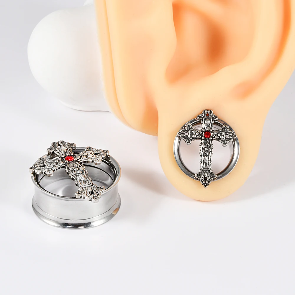 2-1 قطعة الفولاذ المقاوم للصدأ جولة القوطي كريستال الصليب الأذن مقاييس المقابس الأذن الأنفاق المتوسع نقالات ثقب المجوهرات للجنسين هدية #3