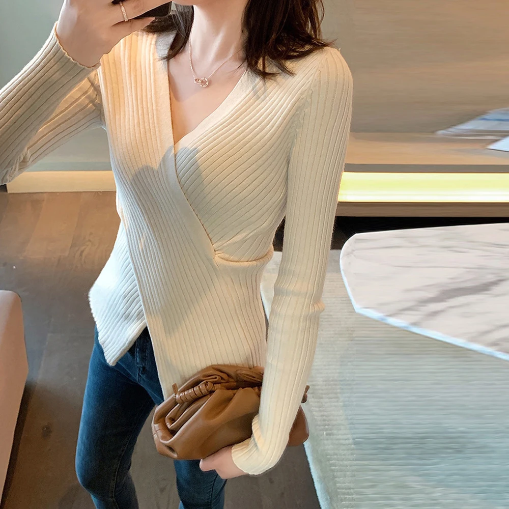 

V-neck Long Sleeved Criss-cross Knitted Sweater Women's Lovely Slim Tops Black Beige Full Sleeved Pullover T Shirt Sweater Top