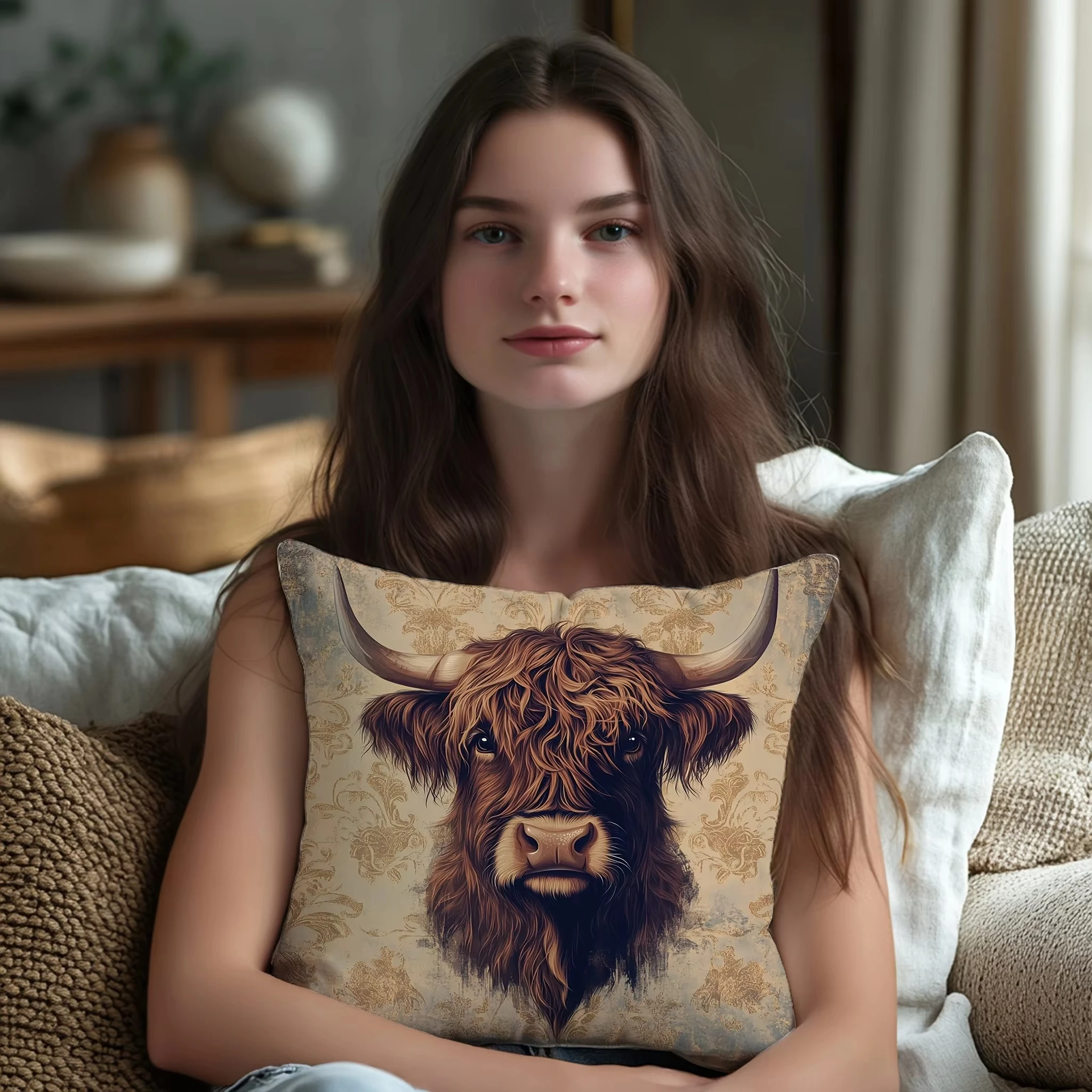 كيس وسادة بقرة هايلاند - غطاء وسادة من القماش الناعم المزخرف، قابل للغسل لديكور المنزل على شكل حيوانات المزرعة، مناسب للأرائك والأرائك #2