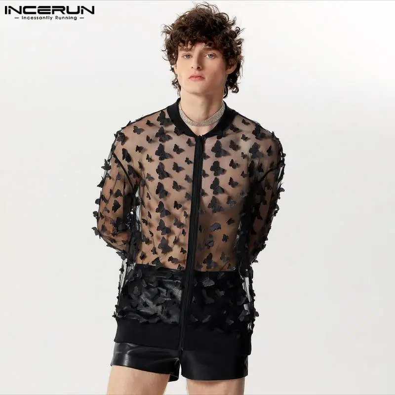 INCERUN Tops 2024 American Style Fashion New Men's Personality Pattern Mesh Shirts Casual Hot Selling Long Sleeved Blouse S-5XL