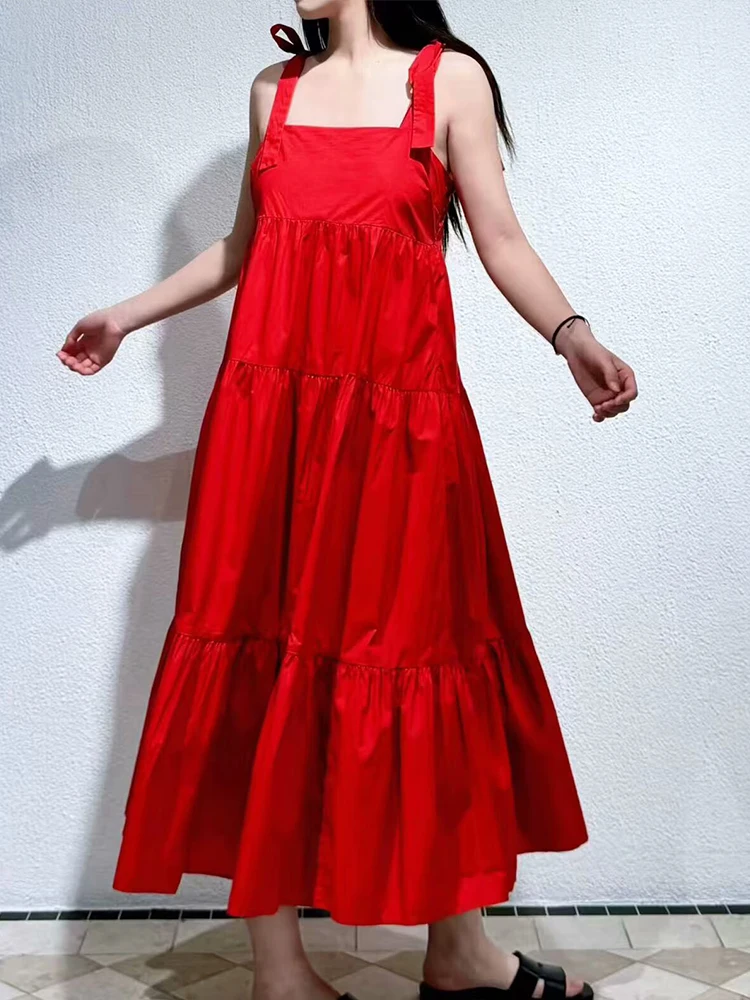 

2025 Summer New Women's Sweet Back Elastic Bow Pleated Splicing Medium Length A-Line Suspender Dress