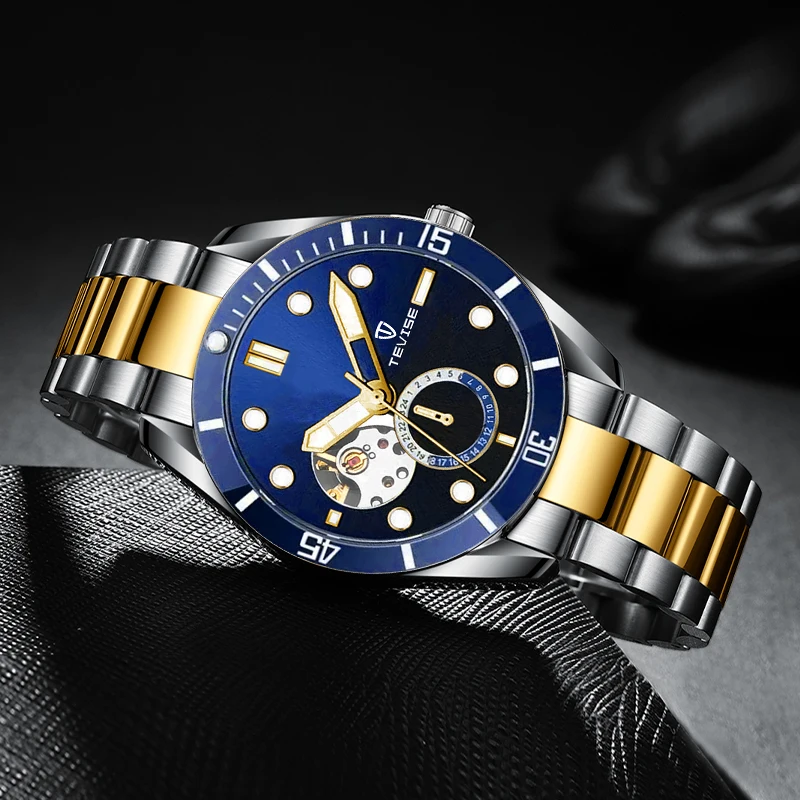 TEVISE ساعة ميكانيكية أوتوماتيكية عصرية كاجوال بحزام من الفولاذ المقاوم للصدأ هيكل عظمي ساعة مضيئة 24 ساعة مقاومة للماء