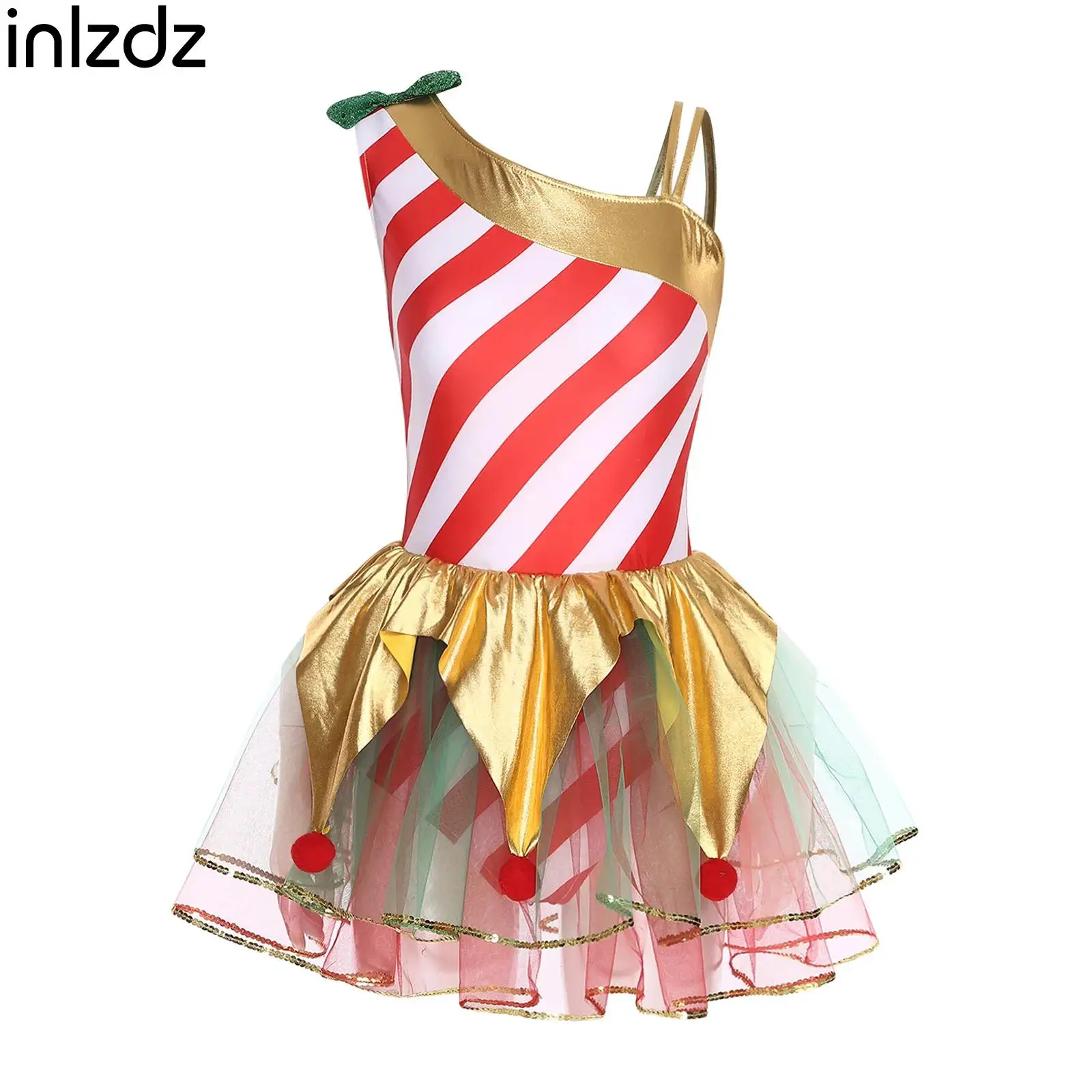 

Women's Christmas Candy Cane Xmas Elf Cosplay Costumes Sleeveless Striped Tutu Dress for Ballet Dance Figure Skating Performance