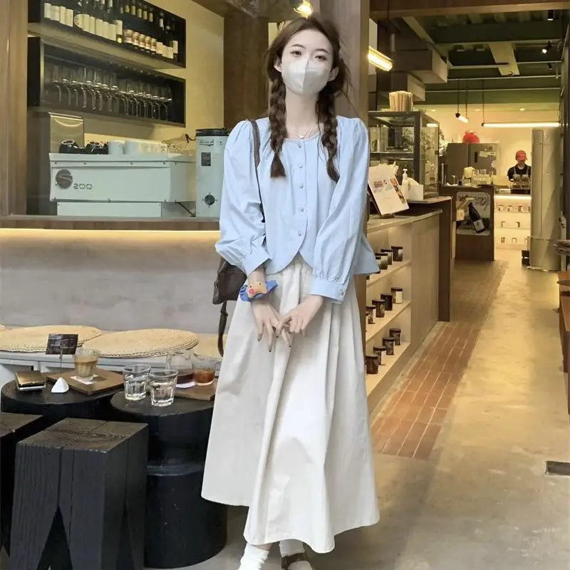 Korean Version Gentle Loose Long Sleeved Shirt+high Waist Mid Length A-line Skirt Spring Autumn Casual Two-piece Set for Women