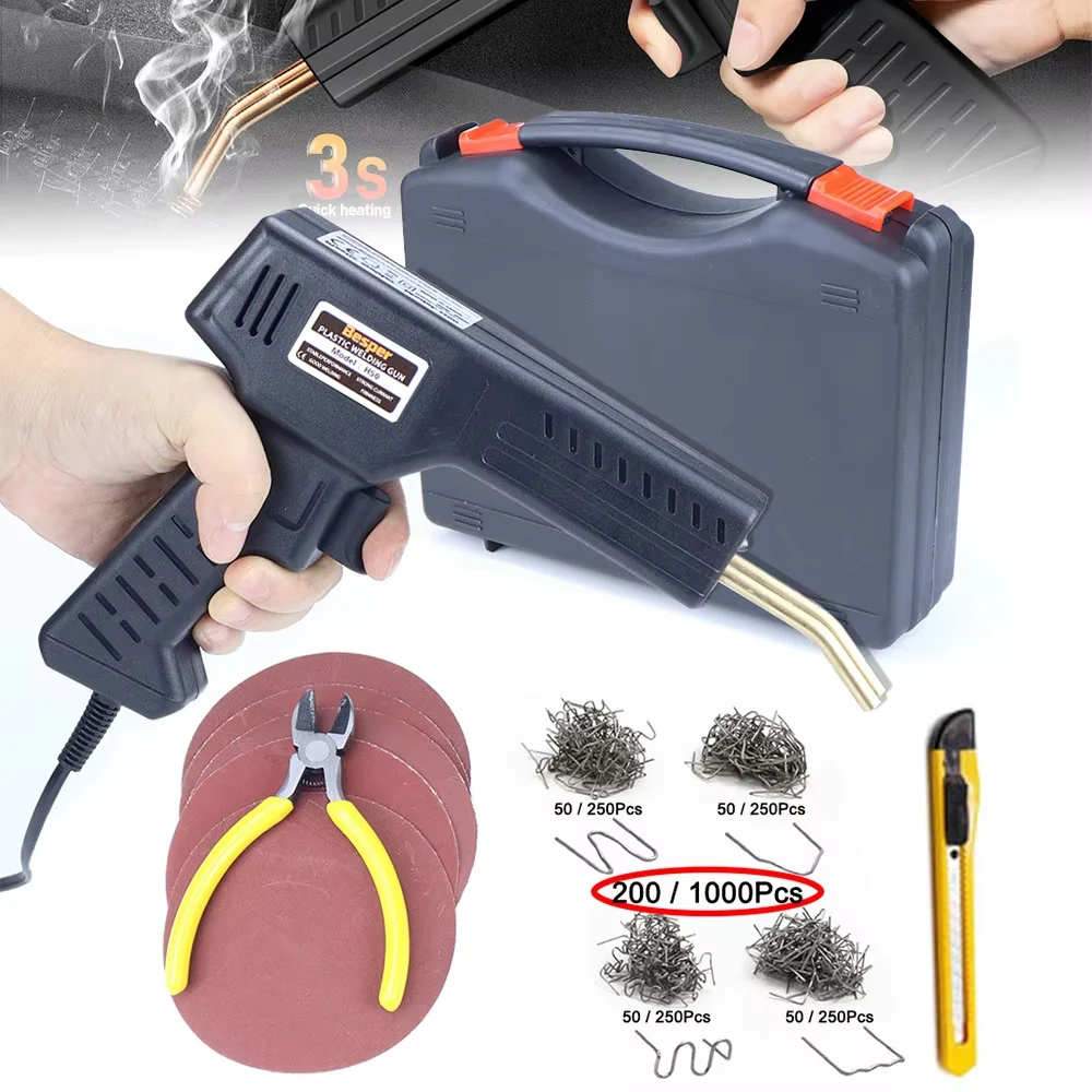 Kit de soldador de plástico, grampeador quente, kit de reparo de para-choque de carro, grampos 200/1000 peças, pistola de soldador de plástico para reparo de plástico doméstico diy