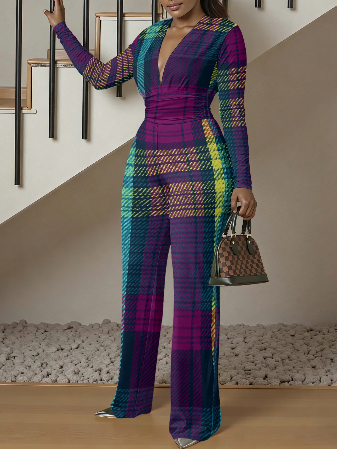 Macacão justo de manga comprida com decote em V, ideal para o outono, feminino, elástico, peça única, para a primavera, roupa de rua de luxo, para fes