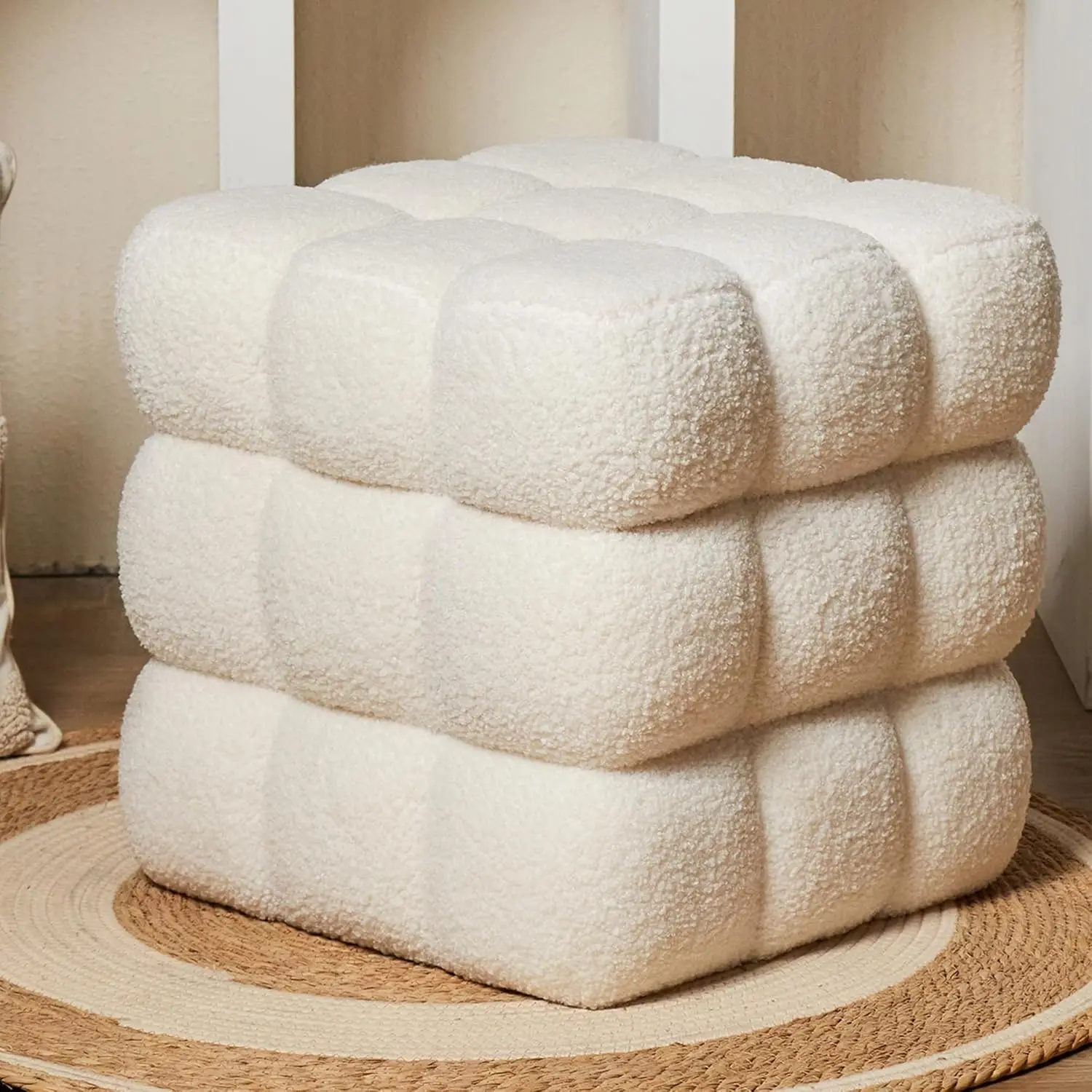 

17.3" White Boucle Cube Ottoman, 330lbs Capacity, Modern Fuzzy Stool & Footrest, Fully Assembled