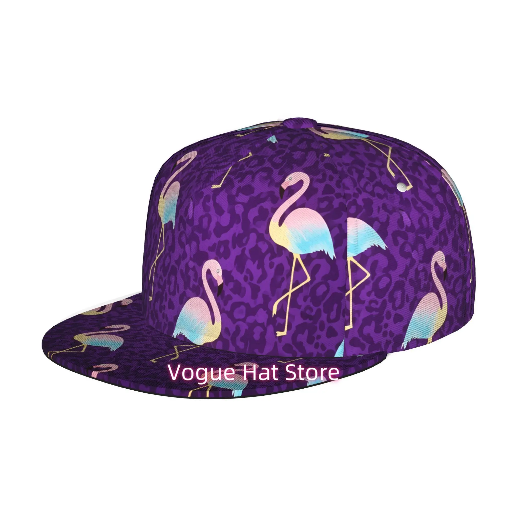 Flamingo Pattern on Purple Background, Men Women Unisex Flat Brim Baseball Cap, Hip Hop Streetwear Snapback Trucker Hat for Skat