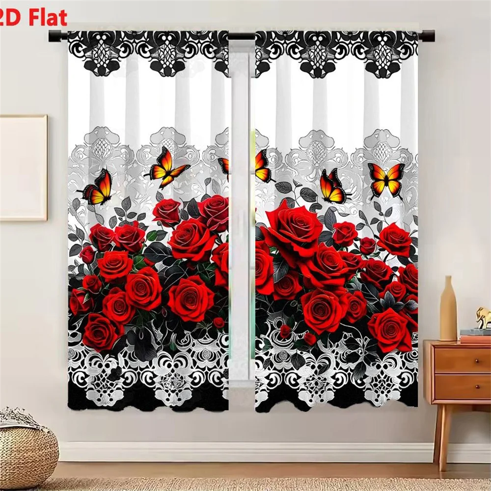 2Pcs Curtains Red Roses With Butterflies On Black And White Lace Background Window Drapes for Bedroom Room Decor Decoration Wind