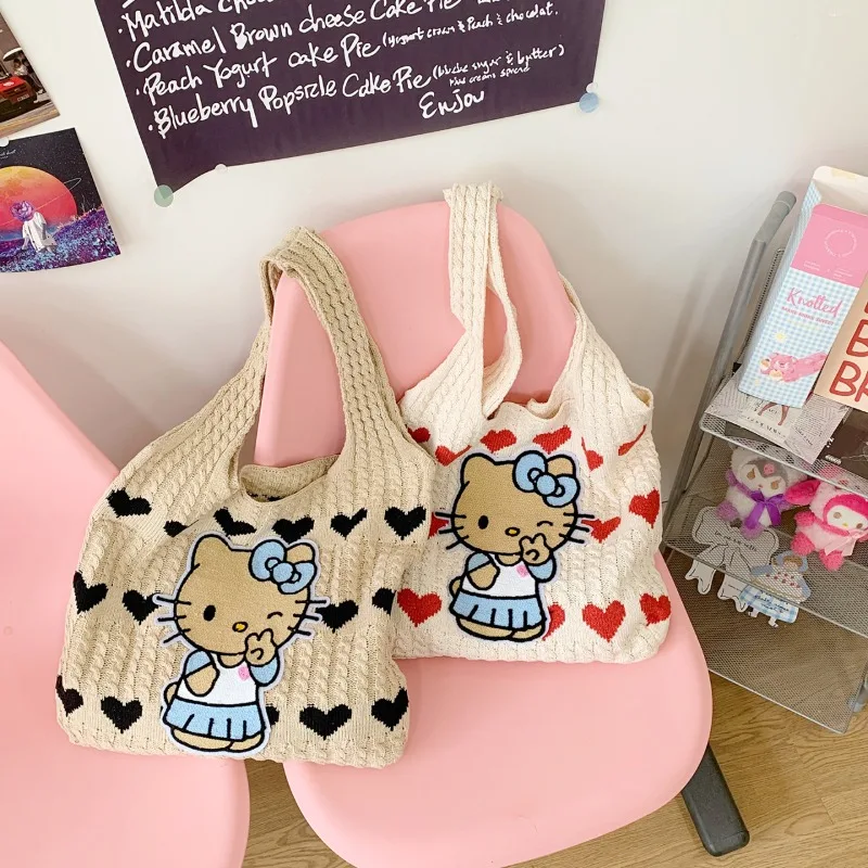 

Hello Kitty Handbag Cute Anime Fashion Women Accessory Knitted Single Shoulder Large Capacity Casual Items Girl Gift Wholesale