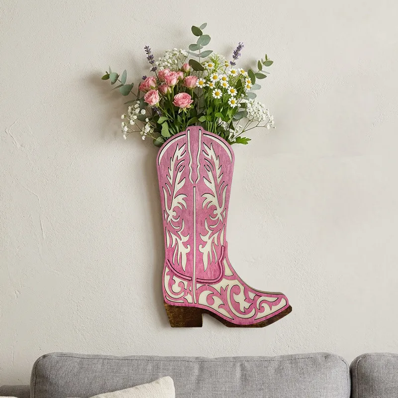 Wooden Cowboy Boot Shape Wall， Carved Hollow Wall Mounted Flower Holder, Pink Wall Art Decor for Home Farmhouse Ornament