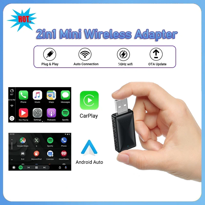

2025 Hot Sale Mini 2-in-1 Wireless CarPlay Adapter, Wired to Wireless CarPlay and Android Auto Smart Box Car AI Box