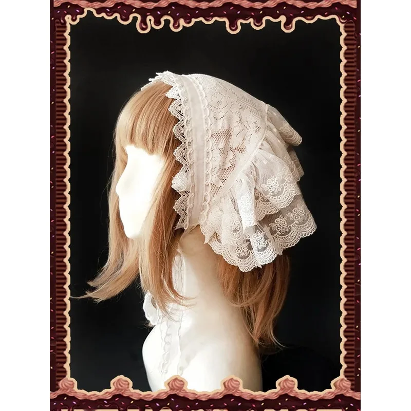 Vintage Lolita Head Scarf Triangle Lace Embroidered Headpiece for Women Headdress