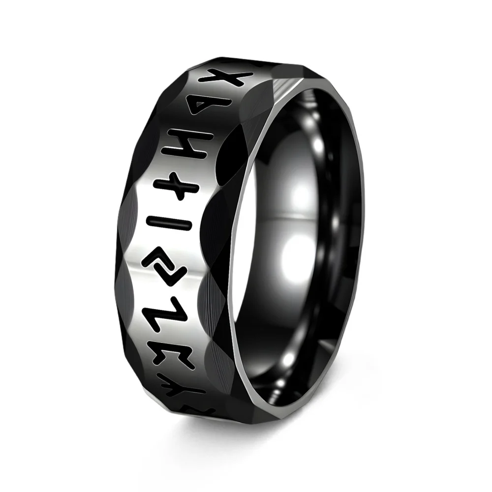Runenring für Herren, facettierter, graviertes Symbolband, goldfarben, Edelstahl, Ring im nordischen Stil, geometrischer Statement-Schmuck. – Detail 8