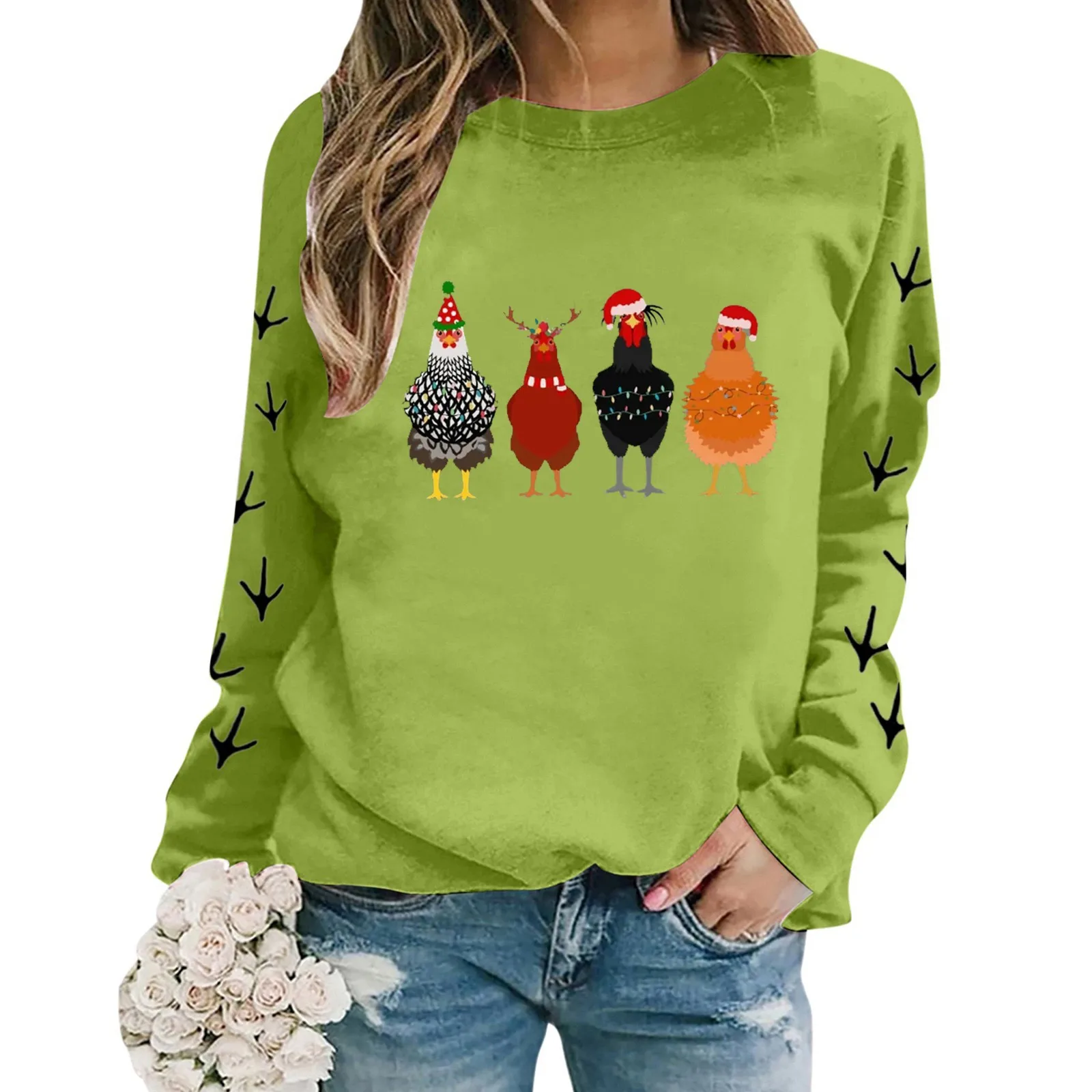 Christmas Oversize Long Sleeve Pullover Women Crewneck Chicken Printed Lightweight Hoodies Loose Fit Festive Sweatshirts