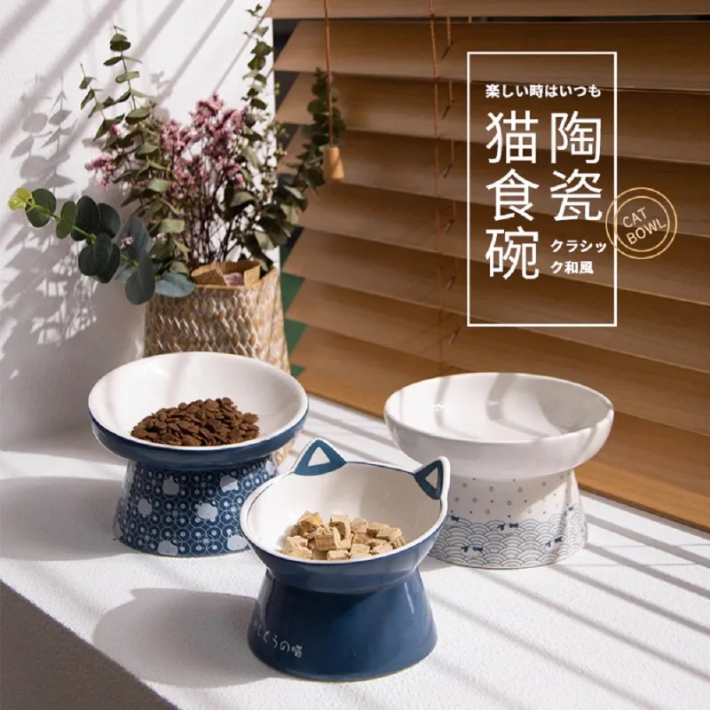 Cat bowl ceramic anti-knockover tall double bowl food bowl dog bowl cat drinking bowl protection cervical spine drinking water p