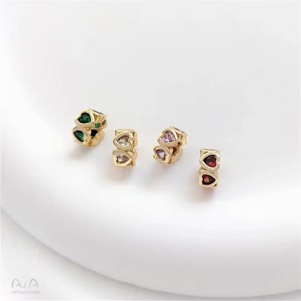 Anillo de Cuentas de Zirconia en Forma de Corazón Chapado en Oro de 14K, Separador de Diamantes con Orificio, Accesorio para Fabricación de Joyas de Pulseras y Collares Hechos a Mano