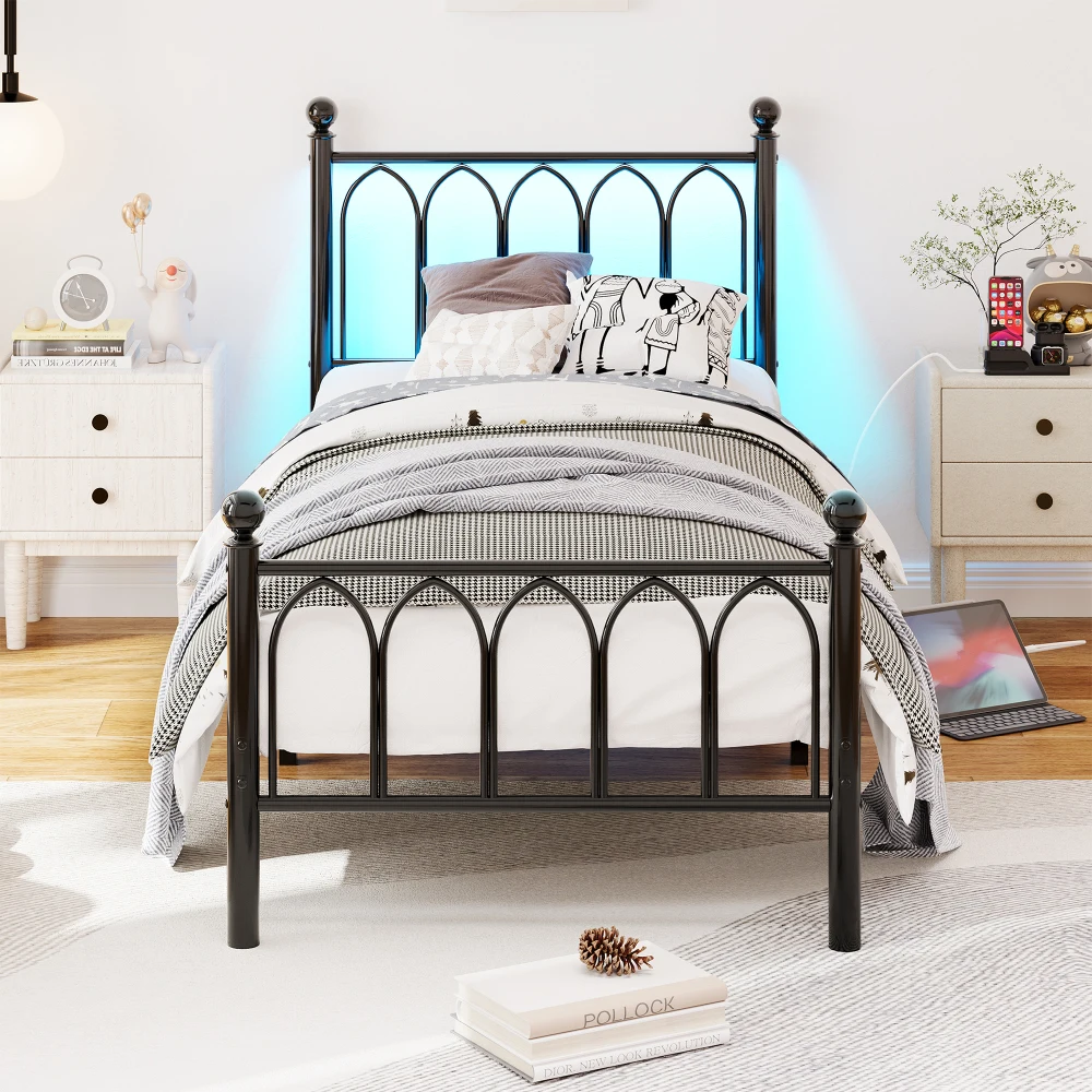 Cadre de lit en métal vintage noir 90×200 cm, USB et LED, lattes en acier robustes, grand espace de rangement sous le lit