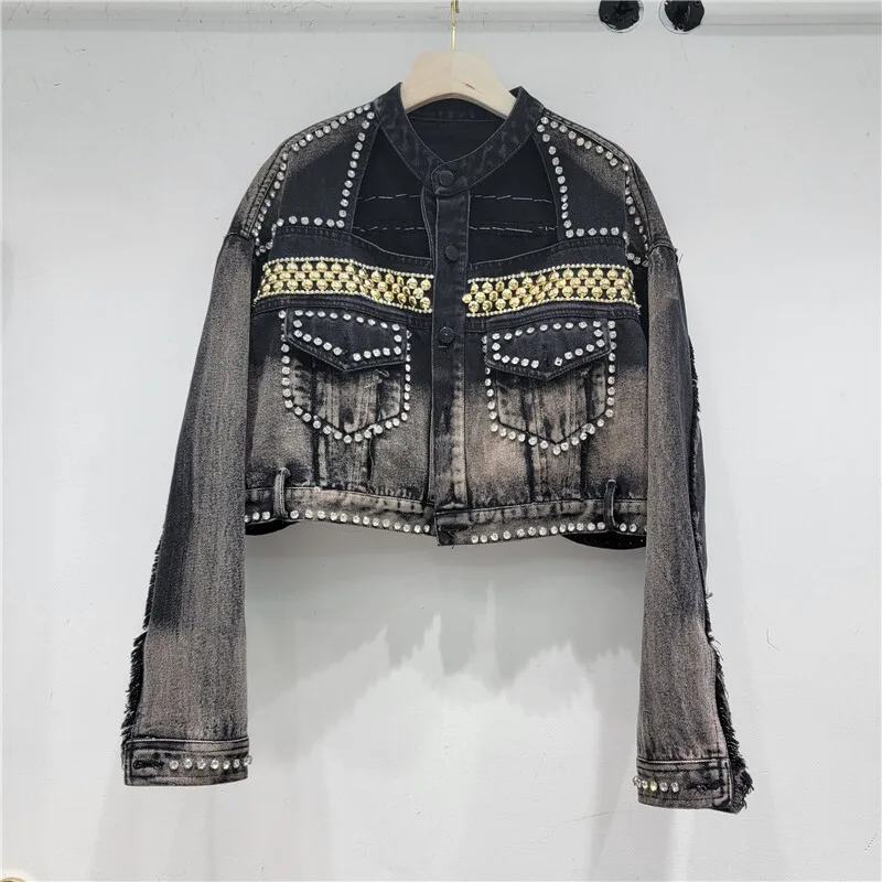 

Dark Grey Hollow Out Stand Collar Denim Jacket Women Loose Short Cowboy Outerwear Spring Autumn Diamonds Jeans Jackets Female