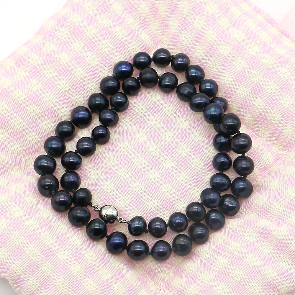 Natural Freshwater Black-Dyed Pearl Necklace Irregular Round Pearls with Magnetic Clasp Neckline Jewelry Accessory 1strand