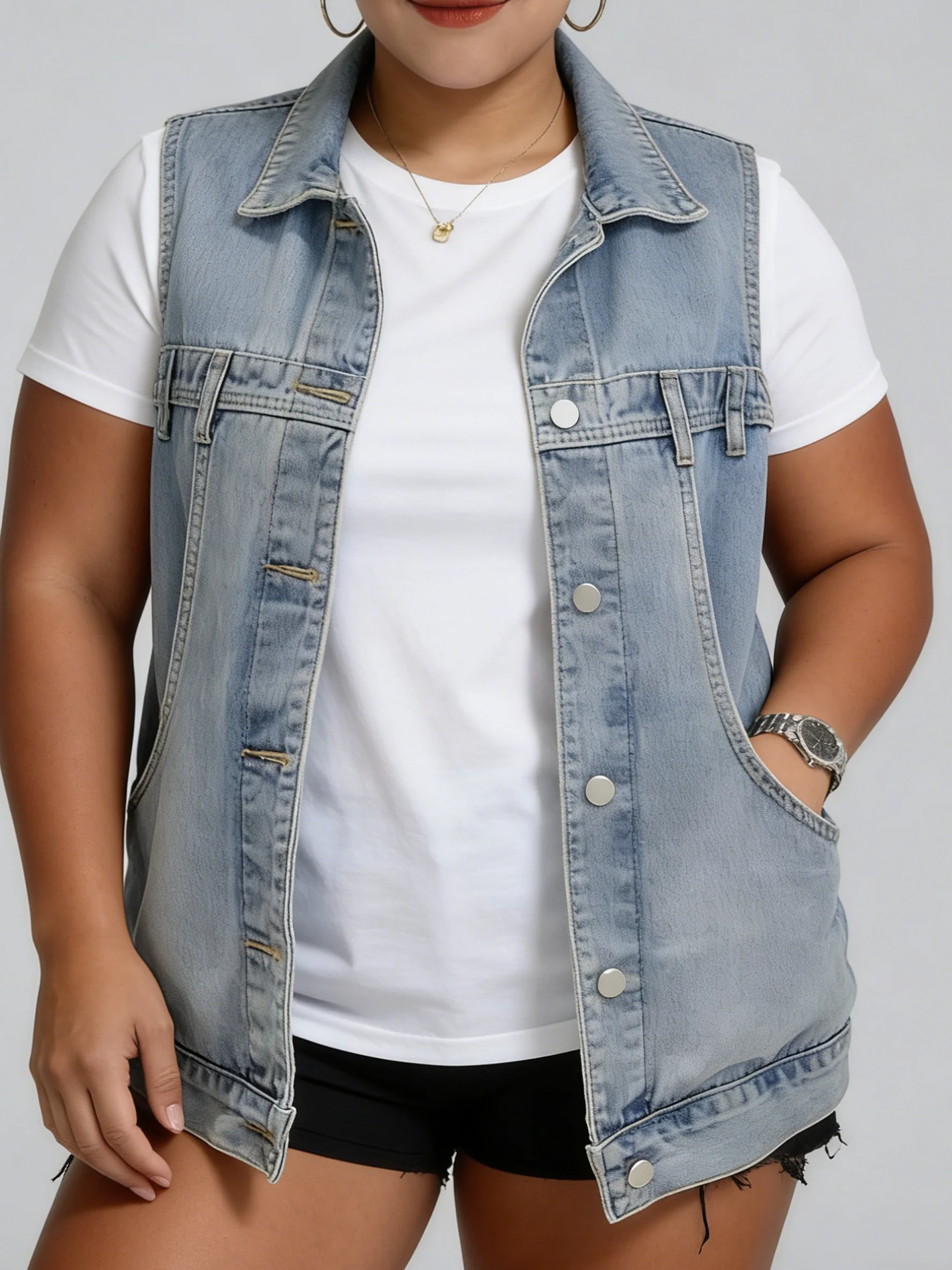 Plus Size Women's Sleeveless Turn-Down Collar Vest with Button Closure and Chest Pockets Casual Streetwear Outwear