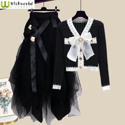 Spring/Summer Set Women's New Korean Fashion Bow Sweater Age Reducing Half Skirt Elegant Women's Two Piece Set