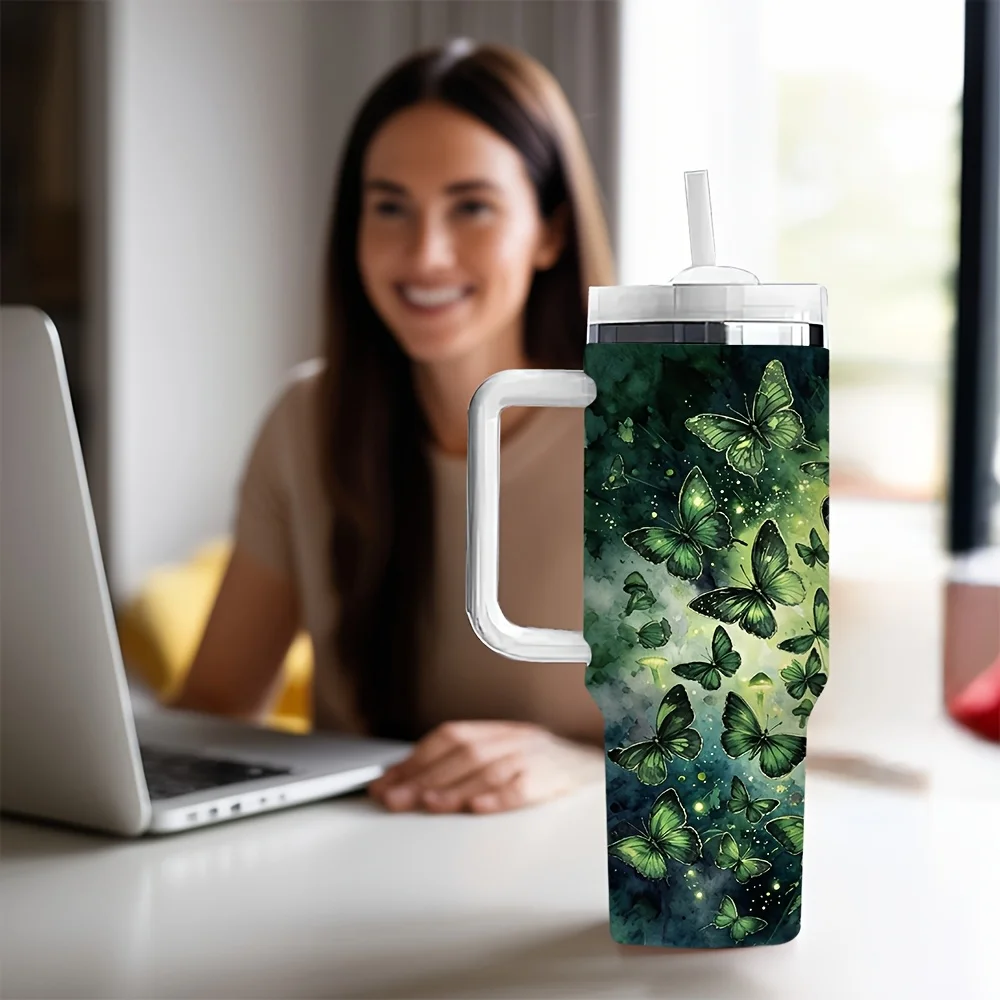 Green for butterfly Print 40Oz Tumbler with Handle, Featuring Long-Lasting Heat Insulation, It Is an Ideal Holiday Birthday Gift for Butterfly Lovers, Suitable for Daily Use, Outdoor Travel, And Office Scenarios