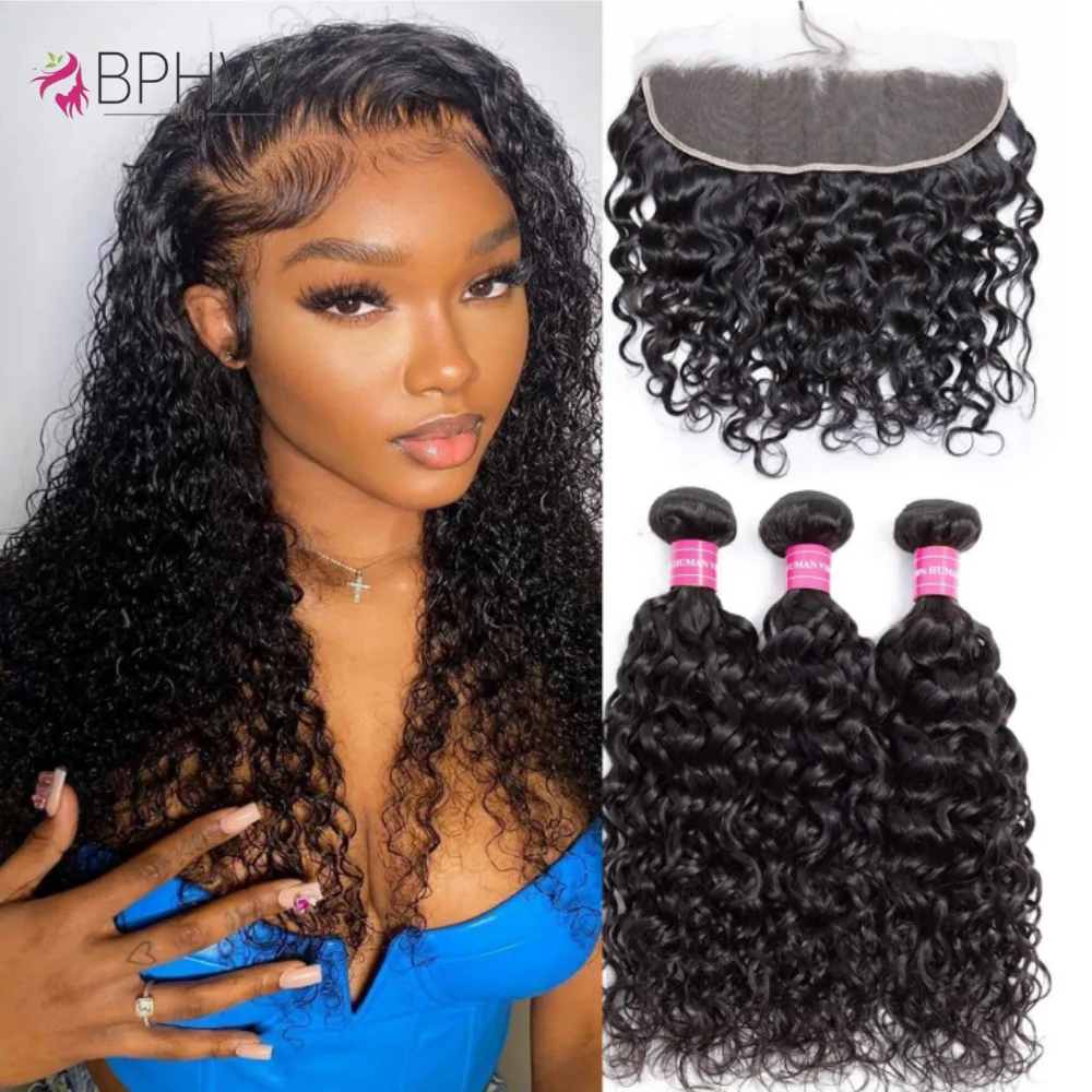 

12A Water Wave 3 Bundles With Frontal Hair Extensions 100% Human Hair Weave For Black Women Natural Color Virgin Hair Remy Hair
