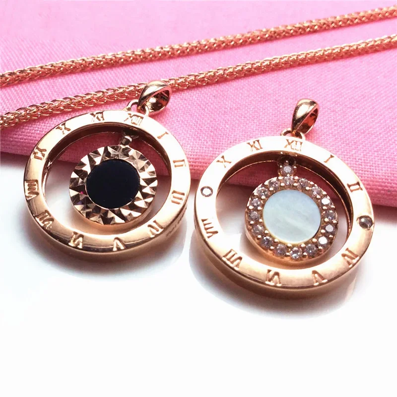 

585 Purple Gold Pendant Plated 14K Rose Gold Letter Black and White Enamel circular Necklace New in Creative Jewelry