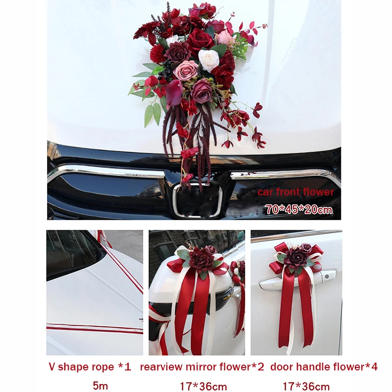 Yannew 8pcs/Set Wedding Car Decorations kit Flowers Champagne Aftificial Rose with Ribbon for Car Mirror Door Handle Decor Party