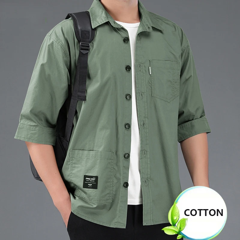 100% Cotton Summer Fashion Men\'s Casual Shirt Three Quarter Sleeve Multi Pocket Cargo Blouse Comfortable Thin Basical Daily Tops