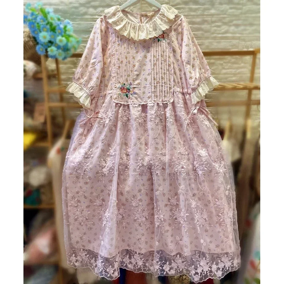 

Cottagecore Vintage Cotton Pleated Lace Organza Long Midi Dress Female Retro Summer Shabby Chic Rococo Mori Girl Tunic Dress