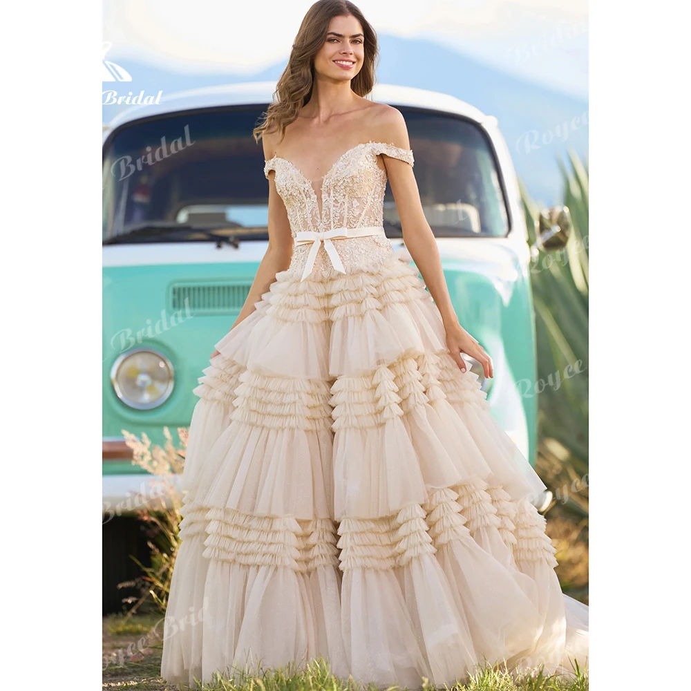 

Princess Off-the-Shoulder Boho Prom Dress Lace Tiered Ruffle Tulle teens Youth Formal Gown Long Evening Dress Customized