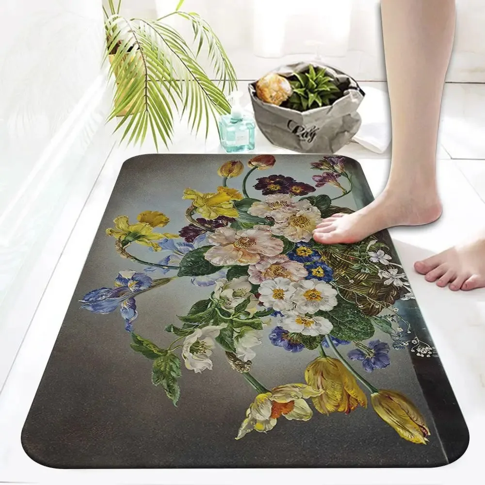 Retro floral oil painting printed area rug non-slip absorbent bathroom toilet entrance door mat home bedroom decoration