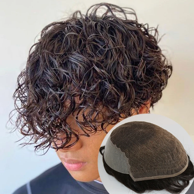 

22mm Curly Swiss Lace Q6 Brown Blonde Men's Human Hair Wigs PU & Lace Toupee Male Capillary Prosthesis Natural Hairline System