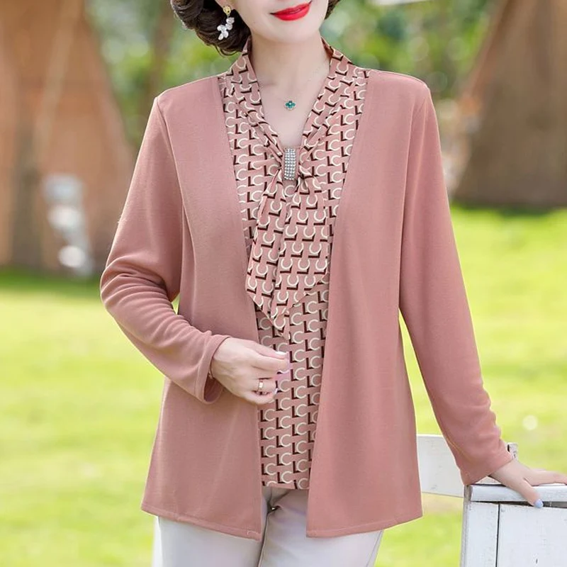 Spring Autumn New Scarf Collar Fashion Long Sleeve Blouse Women Printing Patchwork Pullovers High Street Fake Two Pieces Tops