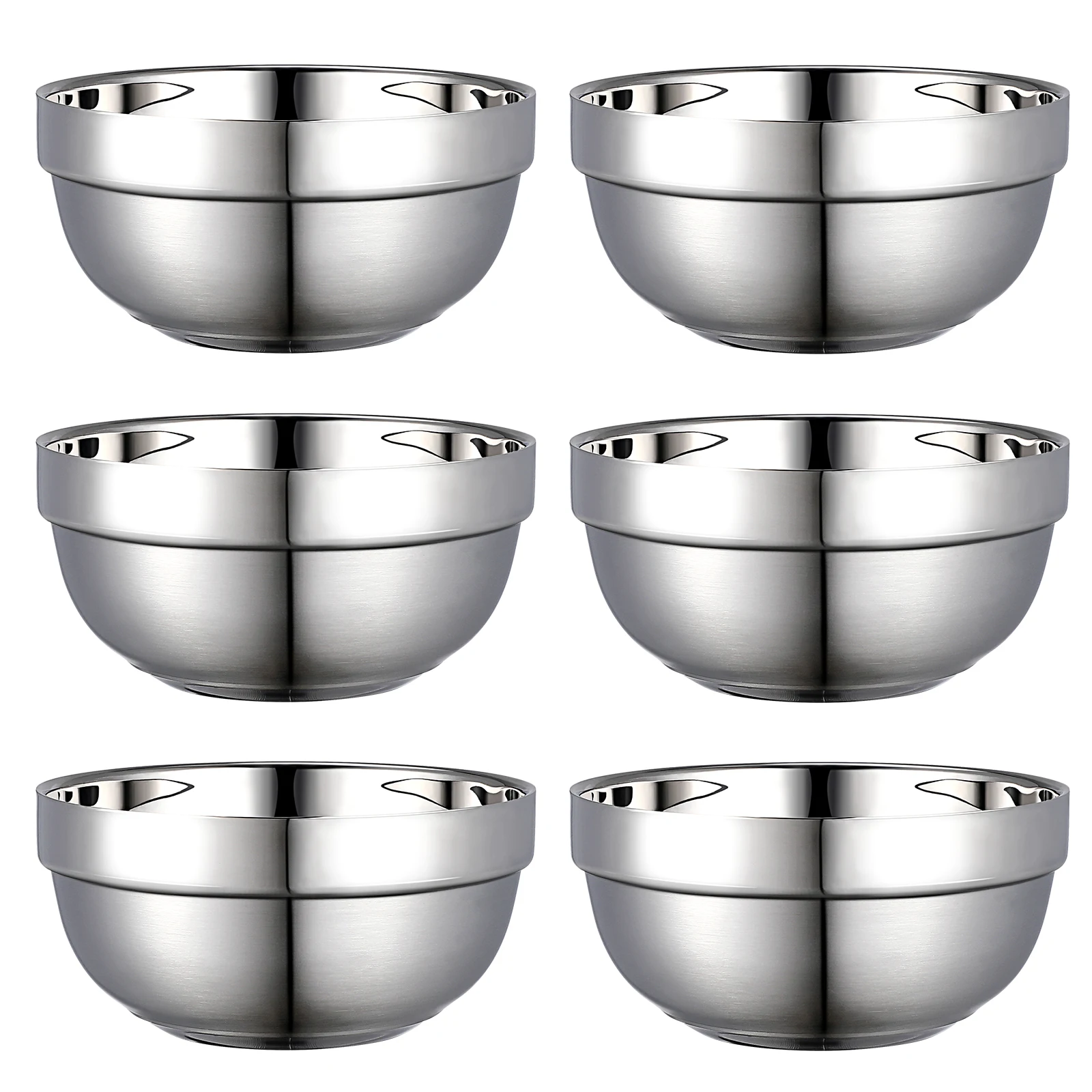 

6Pcs Stainless Steel Anti-Scald Bowls Double-Layer Heat Resistant Dining Bowls for Home Restaurant Food Serving Soup Rice