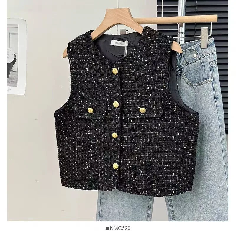 French Elegant Simple Office Lady Sequined Tweed Vest Sleeveless 2024 Jacket Spring Autumn New Short Chic Top