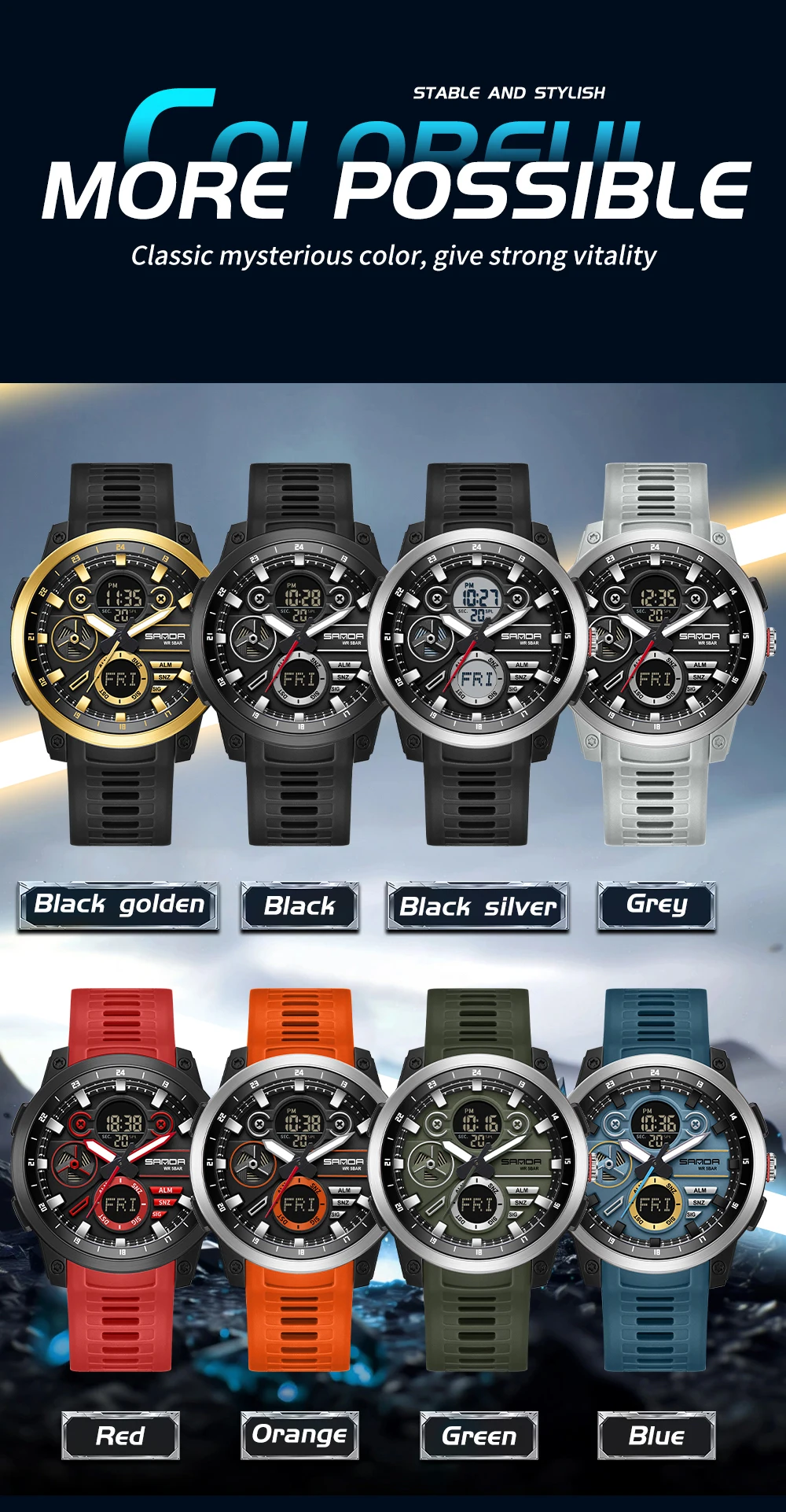 SANDA Men\'s Digital Electronic Watch Sports Multifunctional Waterproof LED Dual Time Display Fashion Men\'s Electronic Watch 3379