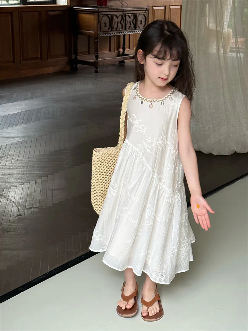 Girls Stylish Dresses Children Fashion Vacation Tank Dress Kids Embroidered Print Sleeveless Dresses 2-14 Years